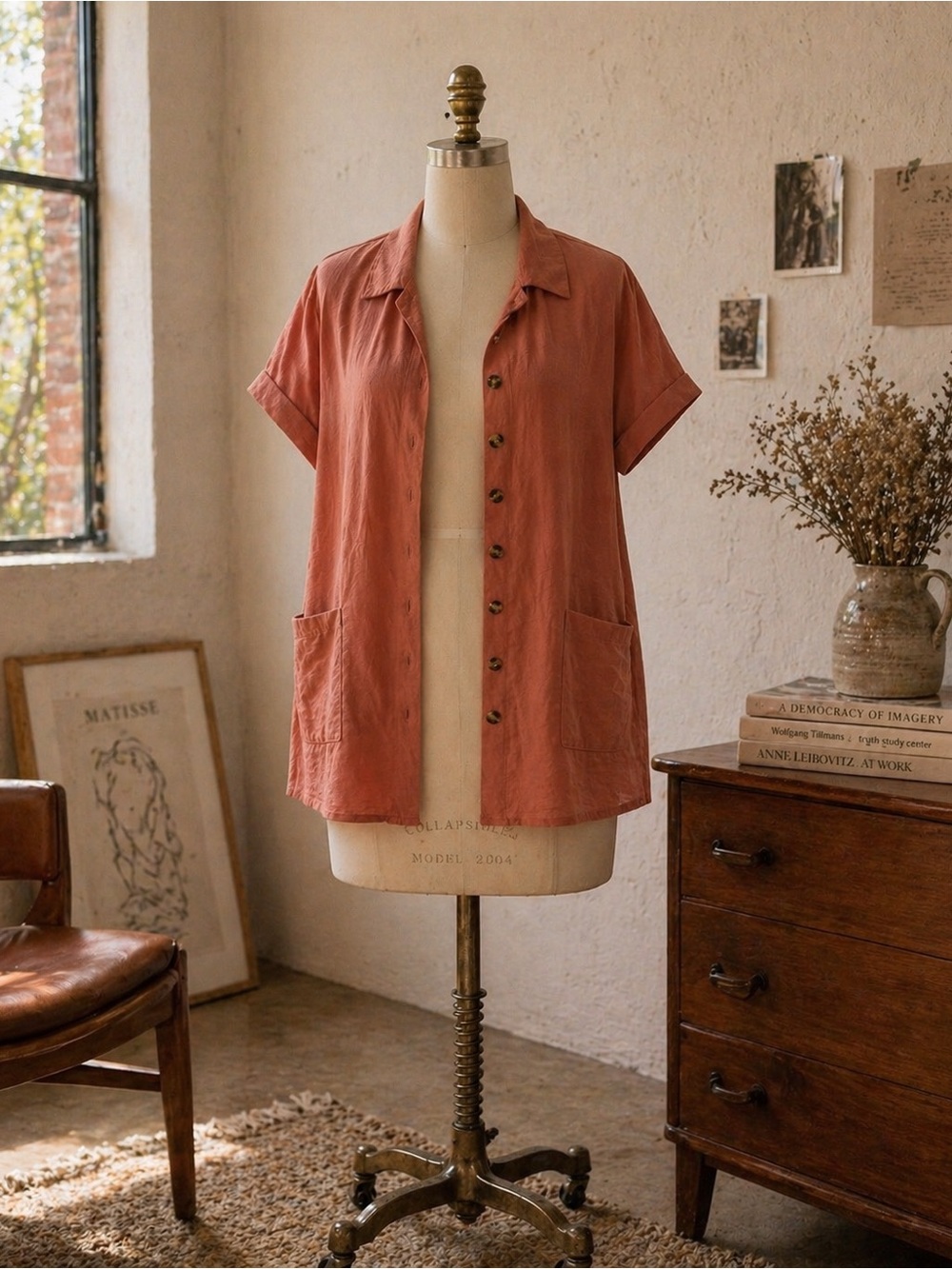 Short-Sleeve Open-Collar light weight linen cardigan in Terra Cotta rust orange
